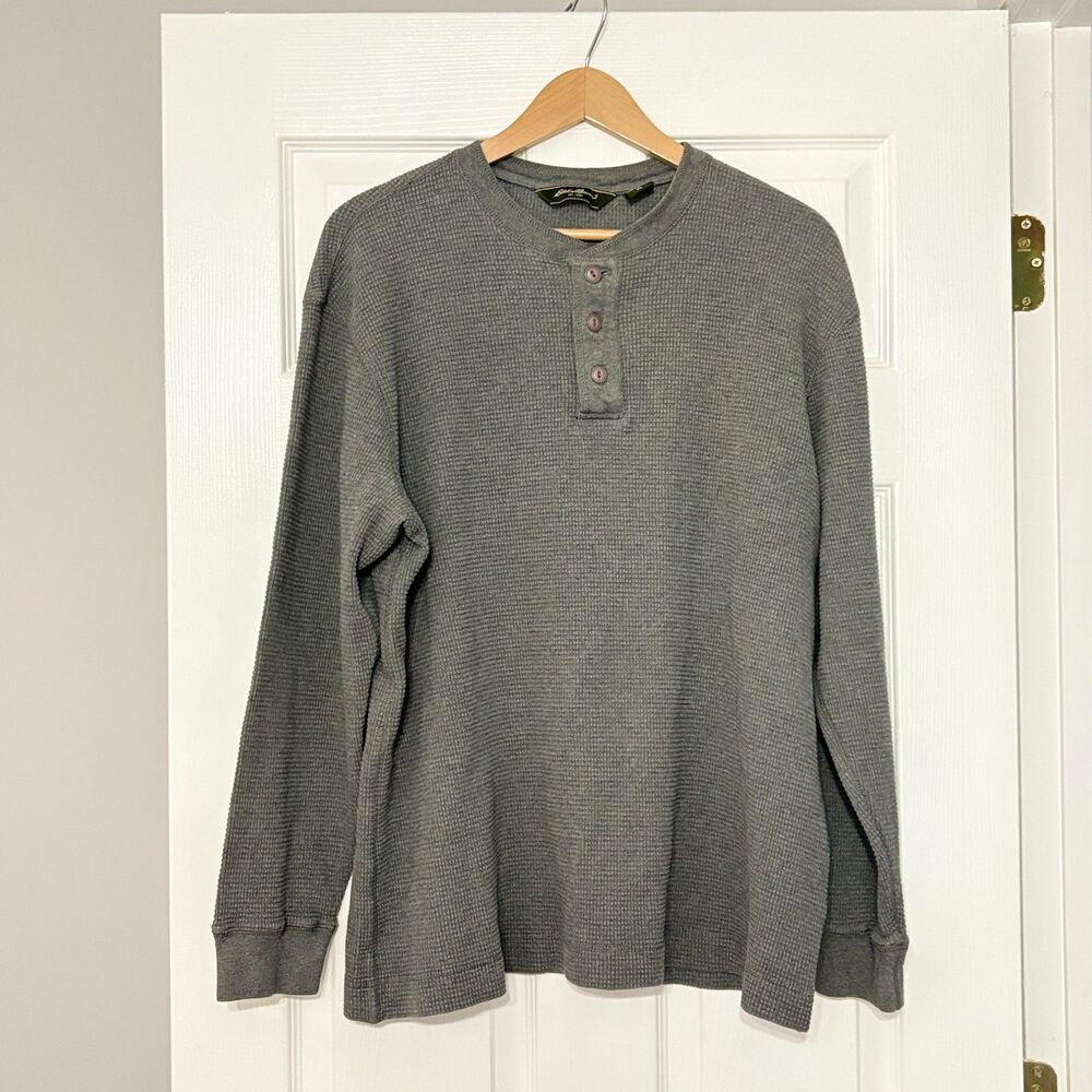 Eddie Bauer Henley Shirt Mens XL Gray Waffle Knit Cotton Long Sleeve Thermal Tee